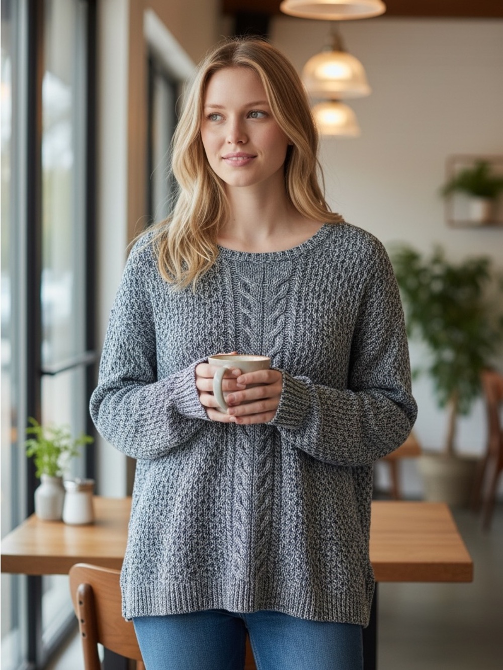 Lands' End Drifter 3X Plus Blue Marl 100% Cotton Cable Knit Sweater